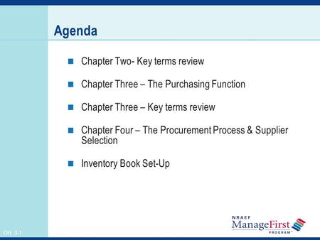 OH 3-1 Agenda Chapter Two- Key terms review Chapter Three – The Purchasing Function Chapter Three – Key terms review Chapter Four – The Procurement Process.