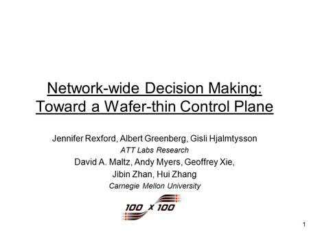 1 Network-wide Decision Making: Toward a Wafer-thin Control Plane Jennifer Rexford, Albert Greenberg, Gisli Hjalmtysson ATT Labs Research David A. Maltz,