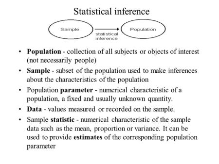 Statistical inference Population - collection of all subjects or objects of interest (not necessarily people) Sample - subset of the population used to.