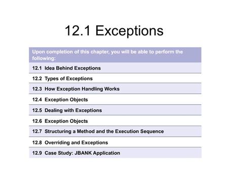 12.1 Exceptions. 12.1.1 The limitations of traditional methods of exception handling Error conditions are a certainty in programming Programmers make.