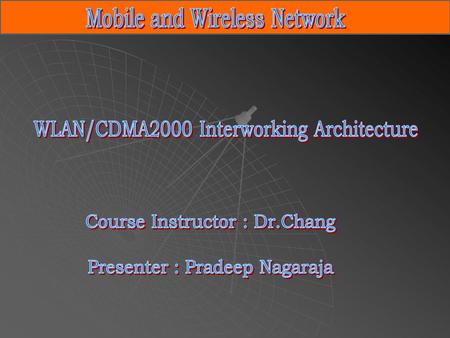 Brief Outline IntroductionWLAN/CDMA2000 CDMA2000 Architecture WLAN Architecture Architectural Choices Tightly-coupled interworking Loosely- coupled interworking.