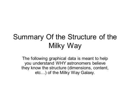 Summary Of the Structure of the Milky Way The following graphical data is meant to help you understand WHY astronomers believe they know the structure.