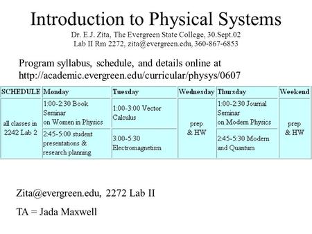 Introduction to Physical Systems Dr. E.J. Zita, The Evergreen State College, 30.Sept.02 Lab II Rm 2272, 360-867-6853 Program syllabus,