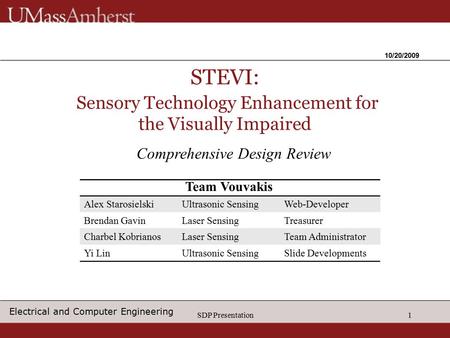 SDP Presentation1 STEVI: Sensory Technology Enhancement for the Visually Impaired 10/20/2009 Comprehensive Design Review Alex StarosielskiUltrasonic SensingWeb-Developer.