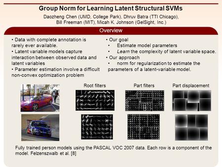 Group Norm for Learning Latent Structural SVMs Overview Daozheng Chen (UMD, College Park), Dhruv Batra (TTI Chicago), Bill Freeman (MIT), Micah K. Johnson.