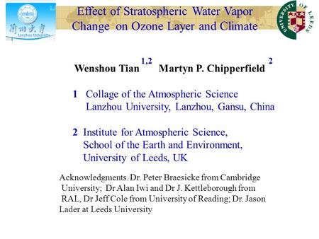 Effect of Stratospheric Water Vapor Change on Ozone Layer and Climate Wenshou Tian Martyn P. Chipperfield 1 Collage of the Atmospheric Science Lanzhou.