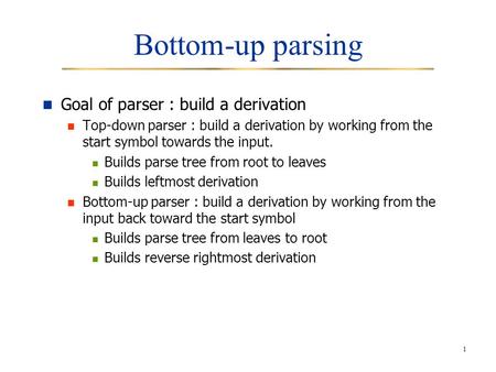 Bottom-up parsing Goal of parser : build a derivation