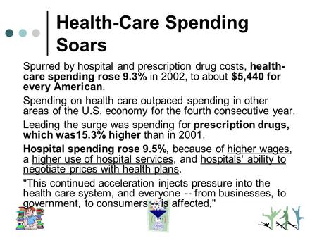 Health-Care Spending Soars Spurred by hospital and prescription drug costs, health- care spending rose 9.3% in 2002, to about $5,440 for every American.