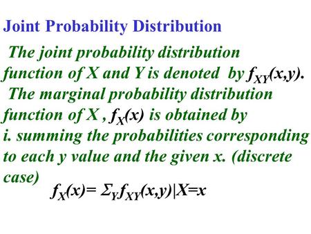 The joint probability distribution function of X and Y is denoted by f XY (x,y). The marginal probability distribution function of X, f X (x) is obtained.