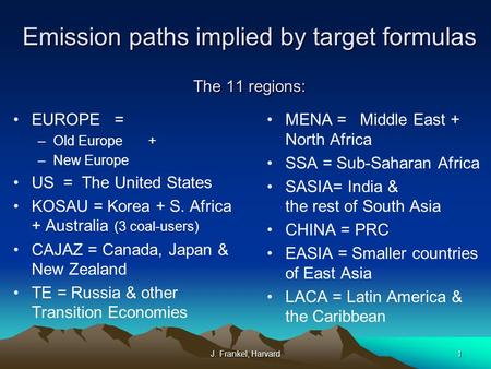 J. Frankel, Harvard1 Emission paths implied by target formulas The 11 regions: EUROPE = –Old Europe + –New Europe US = The United States KOSAU = Korea.