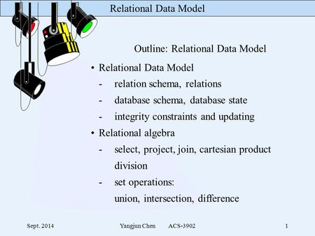 Relational Data Model Sept. 2014Yangjun Chen ACS-39021 Outline: Relational Data Model Relational Data Model -relation schema, relations -database schema,