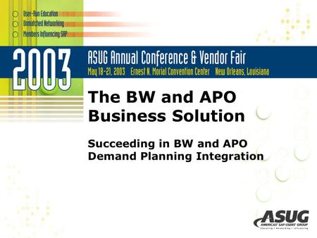 The BW and APO Business Solution Succeeding in BW and APO Demand Planning Integration.