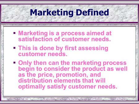 ©2003 Prentice Hall, Inc.To accompany A Framework for Marketing Management, 2 nd Edition Slide 0 in Chapter 1 Marketing Defined  Marketing is a process.