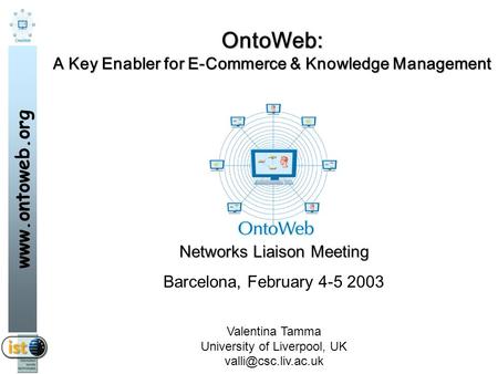 Www.ontoweb.org OntoWeb: A Key Enabler for E-Commerce & Knowledge Management Networks Liaison Meeting Barcelona, February 4-5 2003 Valentina Tamma University.