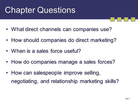 19-1 Chapter Questions What direct channels can companies use? How should companies do direct marketing? When is a sales force useful? How do companies.