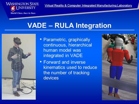 Virtual Reality & Computer Integrated Manufacturing Laboratory VADE – RULA Integration Parametric, graphically continuous, hierarchical human model was.