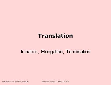 Copyright, ©, 2002, John Wiley & Sons, Inc.,Karp/CELL & MOLECULAR BIOLOGY 3E Translation Initiation, Elongation, Termination.