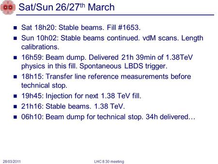 Sat/Sun 26/27 th March Sat 18h20: Stable beams. Fill #1653. Sun 10h02: Stable beams continued. vdM scans. Length calibrations. 16h59: Beam dump. Delivered.