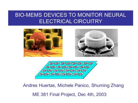 BIO-MEMS DEVICES TO MONITOR NEURAL ELECTRICAL CIRCUITRY Andres Huertas, Michele Panico, Shuming Zhang ME 381 Final Project, Dec 4th, 2003.
