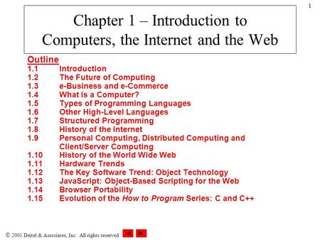 2001 Deitel & Associates, Inc. All rights reserved. 1 Chapter 1 – Introduction to Computers, the Internet and the Web Outline 1.1Introduction 1.2The.