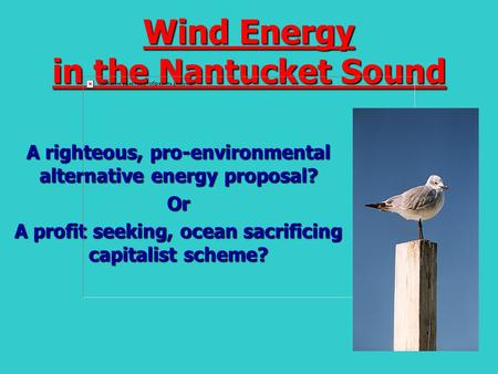 Wind Energy in the Nantucket Sound A righteous, pro-environmental alternative energy proposal? Or A profit seeking, ocean sacrificing capitalist scheme?