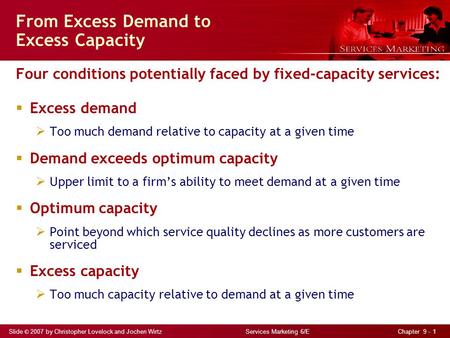 Slide © 2007 by Christopher Lovelock and Jochen Wirtz Services Marketing 6/E Chapter 9 - 1 From Excess Demand to Excess Capacity Four conditions potentially.