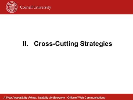 II. Cross-Cutting Strategies A Web Accessibility Primer: Usability for Everyone Office of Web Communications.
