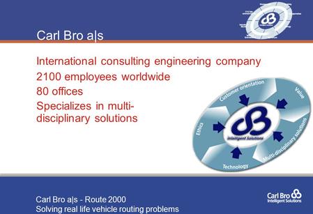 Carl Bro a|s - Route 2000 Solving real life vehicle routing problems Carl Bro a|s International consulting engineering company 2100 employees worldwide.
