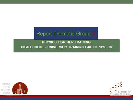 Report Thematic Group 5 PHYSICS TEACHER TRAINING HIGH SCHOOL - UNIVERSITY TRAINING GAP IN PHYSICS.