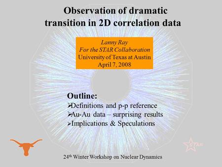 1 Observation of dramatic transition in 2D correlation data Lanny Ray For the STAR Collaboration University of Texas at Austin April 7, 2008 24 th Winter.