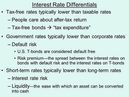 Interest Rate Differentials Tax-free rates typically lower than taxable rates –People care about after-tax return –Tax-free bonds  “tax expenditure” Government.