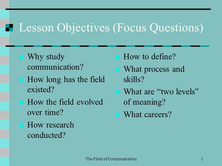 The Filed of Communication1 Lesson Objectives (Focus Questions) Why study communication? How long has the field existed? How the field evolved over time?