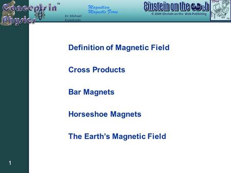 Magnetism Magnetic Force 1 Definition of Magnetic Field Cross Products Bar Magnets Horseshoe Magnets The Earth’s Magnetic Field.