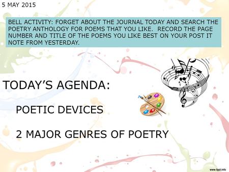 5 MAY 2015 BELL ACTIVITY: FORGET ABOUT THE JOURNAL TODAY AND SEARCH THE POETRY ANTHOLOGY FOR POEMS THAT YOU LIKE. RECORD THE PAGE NUMBER AND TITLE OF THE.