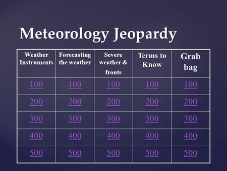 Meteorology Jeopardy Weather Instruments Forecasting the weather Severe weather & fronts Terms to Know Grab bag 100 200 300 400 500.
