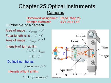 Chapter 25:Optical Instruments Cameras Homework assignment : Read Chap.25, Sample exercises : 4,21,24,41,43  Principle of a camera ss’ D Intensity of.