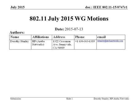 Doc.: IEEE 802.11-15/0747r1 Submission July 2015 802.11 July 2015 WG Motions Date: 2015-07-13 Authors: Dorothy Stanley, HP-Aruba NetworksSlide 1.