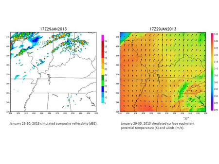 January 29-30, 2013 simulated composite reflectivity (dBZ).January 29-30, 2013 simulated surface equivalent potential temperature (K) and winds (m/s).
