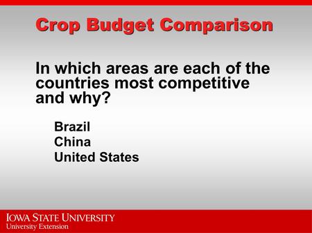 Brazil China United States Crop Budget Comparison In which areas are each of the countries most competitive and why?