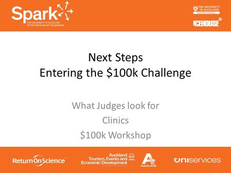 Next Steps Entering the $100k Challenge What Judges look for Clinics $100k Workshop.