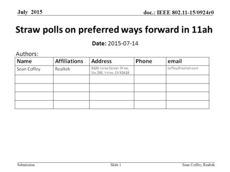 Submission doc.: IEEE 802.11-15/0924r0 July 2015 Sean Coffey, RealtekSlide 1 Straw polls on preferred ways forward in 11ah Date: 2015-07-14 Authors: