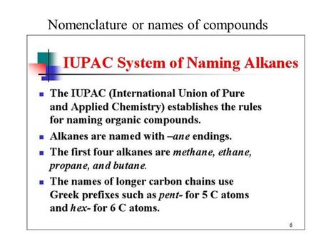 Nomenclature or names of compounds Alkanes. Nomenclature or names of compounds Alkanes.