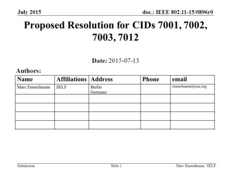 Doc.: IEEE 802.11-15/0896r0 Submission July 2015 Marc Emmelmann, SELFSlide 1 Proposed Resolution for CIDs 7001, 7002, 7003, 7012 Date: 2015-07-13 Authors:
