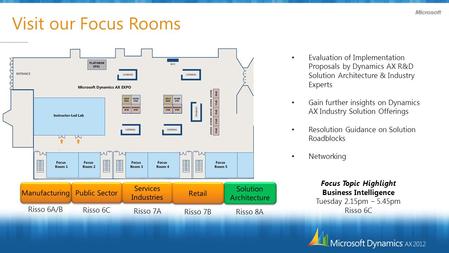 Visit our Focus Rooms Evaluation of Implementation Proposals by Dynamics AX R&D Solution Architecture & Industry Experts Gain further insights on Dynamics.