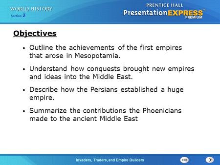Objectives Outline the achievements of the first empires that arose in Mesopotamia. Understand how conquests brought new empires and ideas into the Middle.