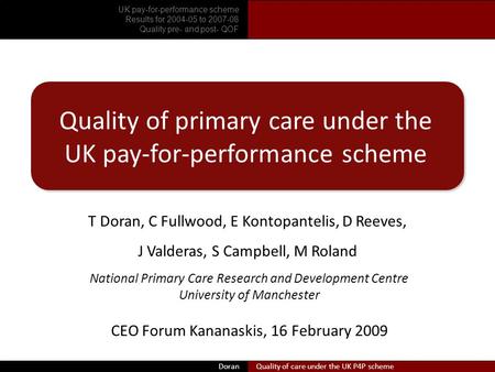 Doran Quality of primary care under the UK pay-for-performance scheme T Doran, C Fullwood, E Kontopantelis, D Reeves, J Valderas, S Campbell, M Roland.