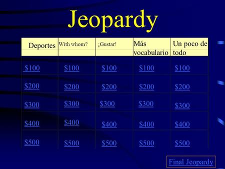 Jeopardy Deportes With whom?¡Gustar! Más vocabulario Un poco de todo $100 $200 $300 $400 $500 $100 $200 $300 $400 $500 Final Jeopardy.