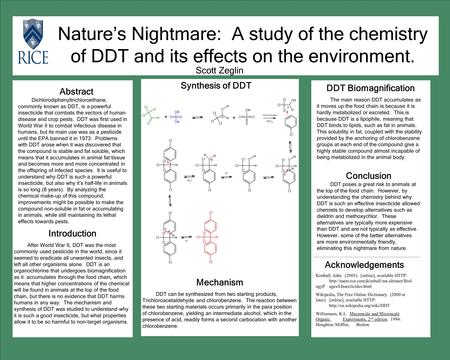 Nature’s Nightmare: A study of the chemistry of DDT and its effects on the environment. Abstract Dichlorodiphenyltrichloroethane, commonly known as DDT,