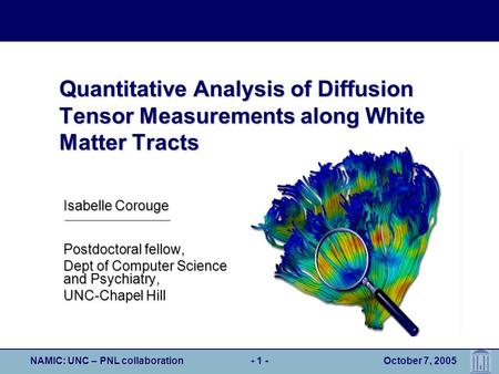 NAMIC: UNC – PNL collaboration- 1 - October 7, 2005 Quantitative Analysis of Diffusion Tensor Measurements along White Matter Tracts Postdoctoral fellow,