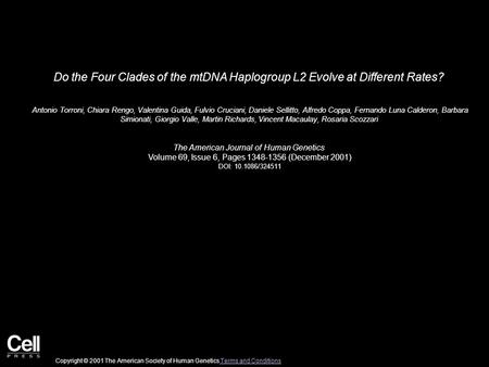 Do the Four Clades of the mtDNA Haplogroup L2 Evolve at Different Rates? Antonio Torroni, Chiara Rengo, Valentina Guida, Fulvio Cruciani, Daniele Sellitto,